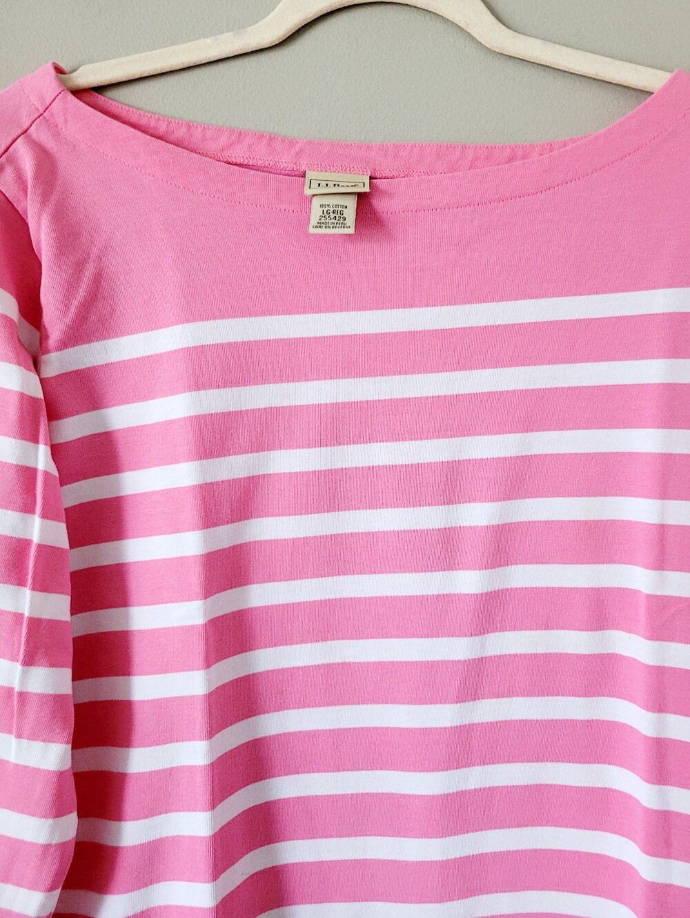 L.L. Bean 100% Cotton Pink/White Striped Boatneck Top 3/4 Sleeves Large - Picture 7 of 10